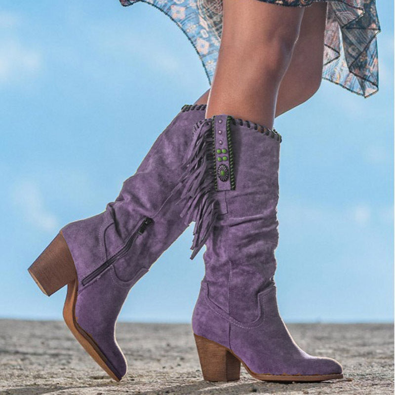 Western Fringe Boots Knee High Suede Block Heel Cowgirl