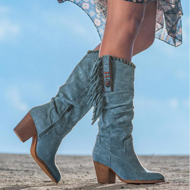 Western Fringe Boots Knee High Suede Block Heel Cowgirl