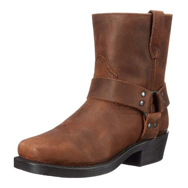 Leather Harness Boots Full Grain Mid Cut Buckle Brown