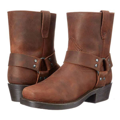 Leather Harness Boots Full Grain Mid Cut Buckle Brown