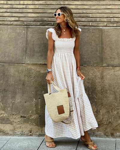 Gingham Maxi Dress Smocked Bodice Flutter Sleeves Summer