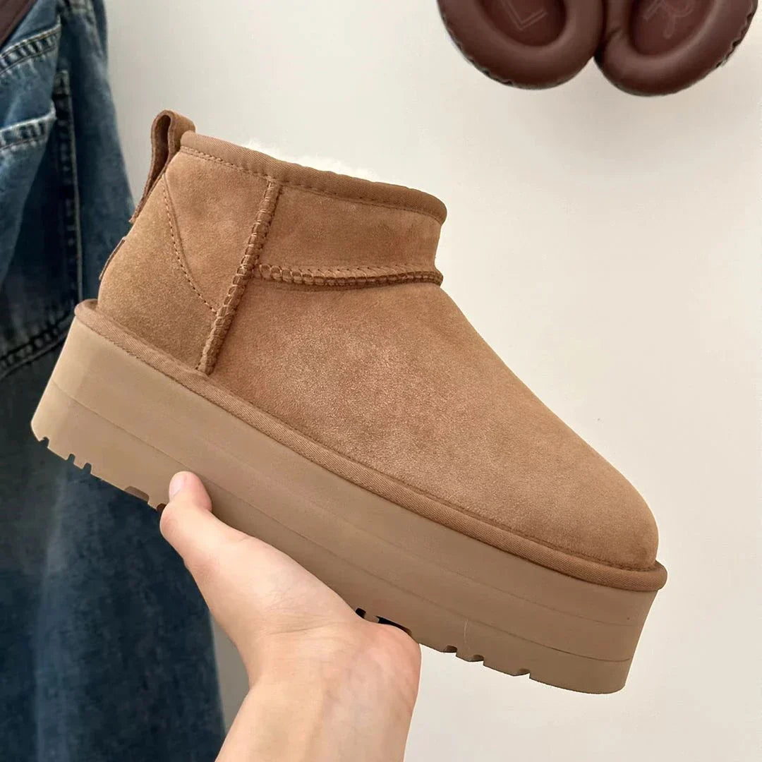 Platform Ankle Boots Suede Sheepskin Lined Winter Warm Booties