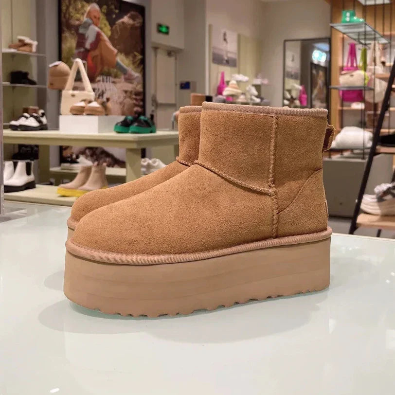 Platform Ankle Boots Suede Sheepskin Lined Winter Warm