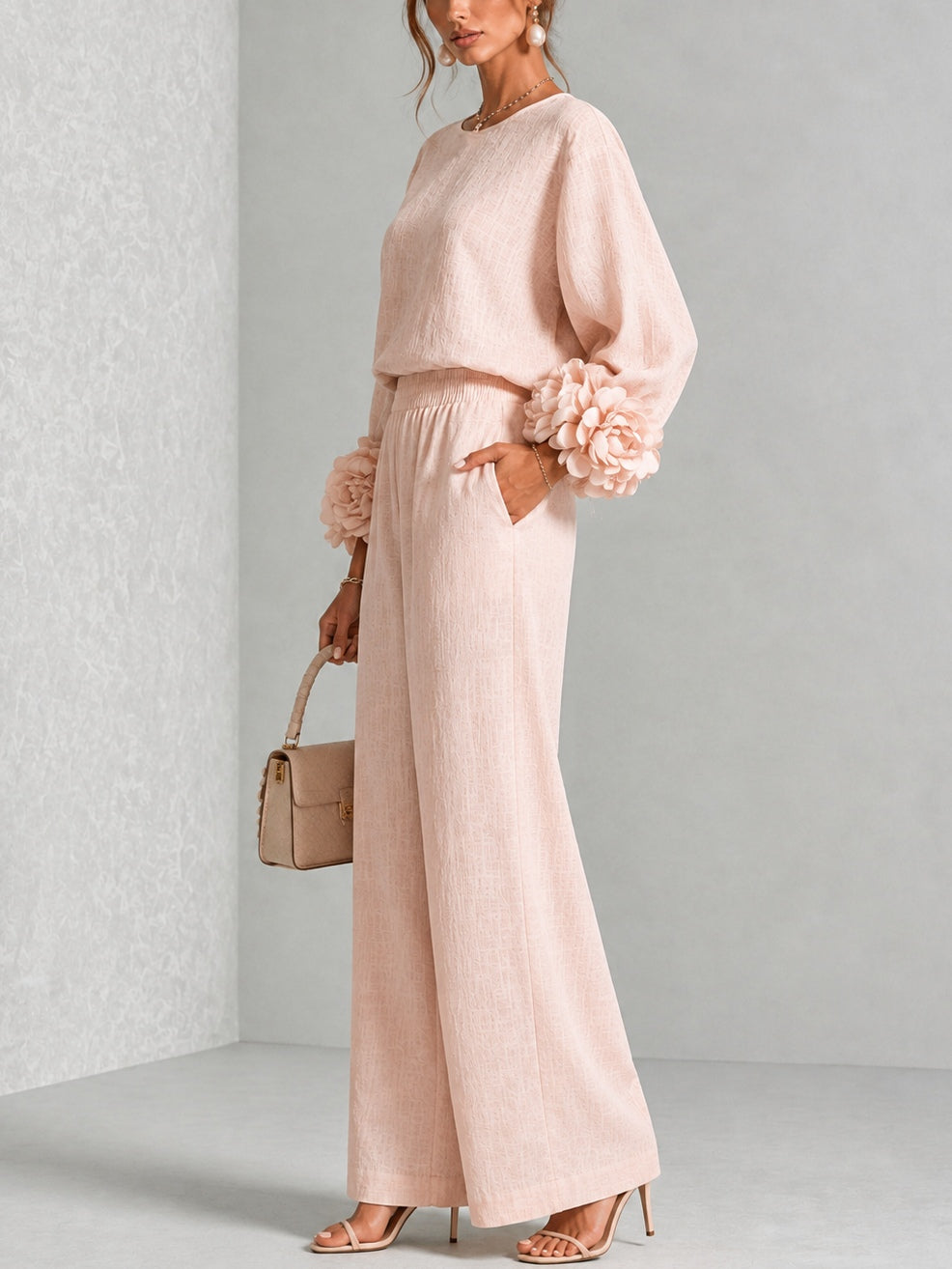 Pink floral-cuff top and wide-leg pants two-piece set for women by Bennett and Lowe, featuring a stylish, coordinated outfit.