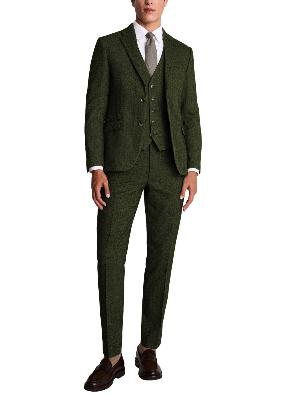 Herringbone Notch Lapel Slim Fit 3 Piece Suit Blazer Vest Trousers