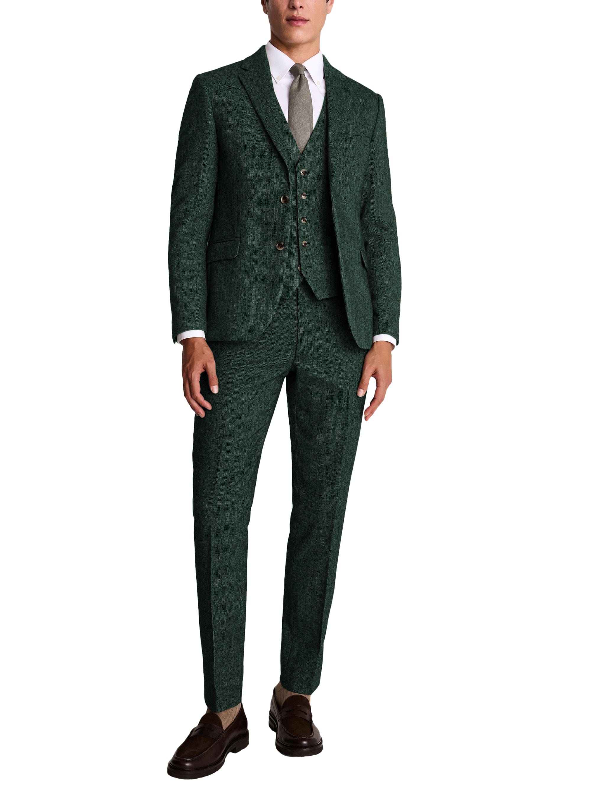 Herringbone Notch Lapel Slim Fit 3 Piece Suit Blazer Vest Trousers