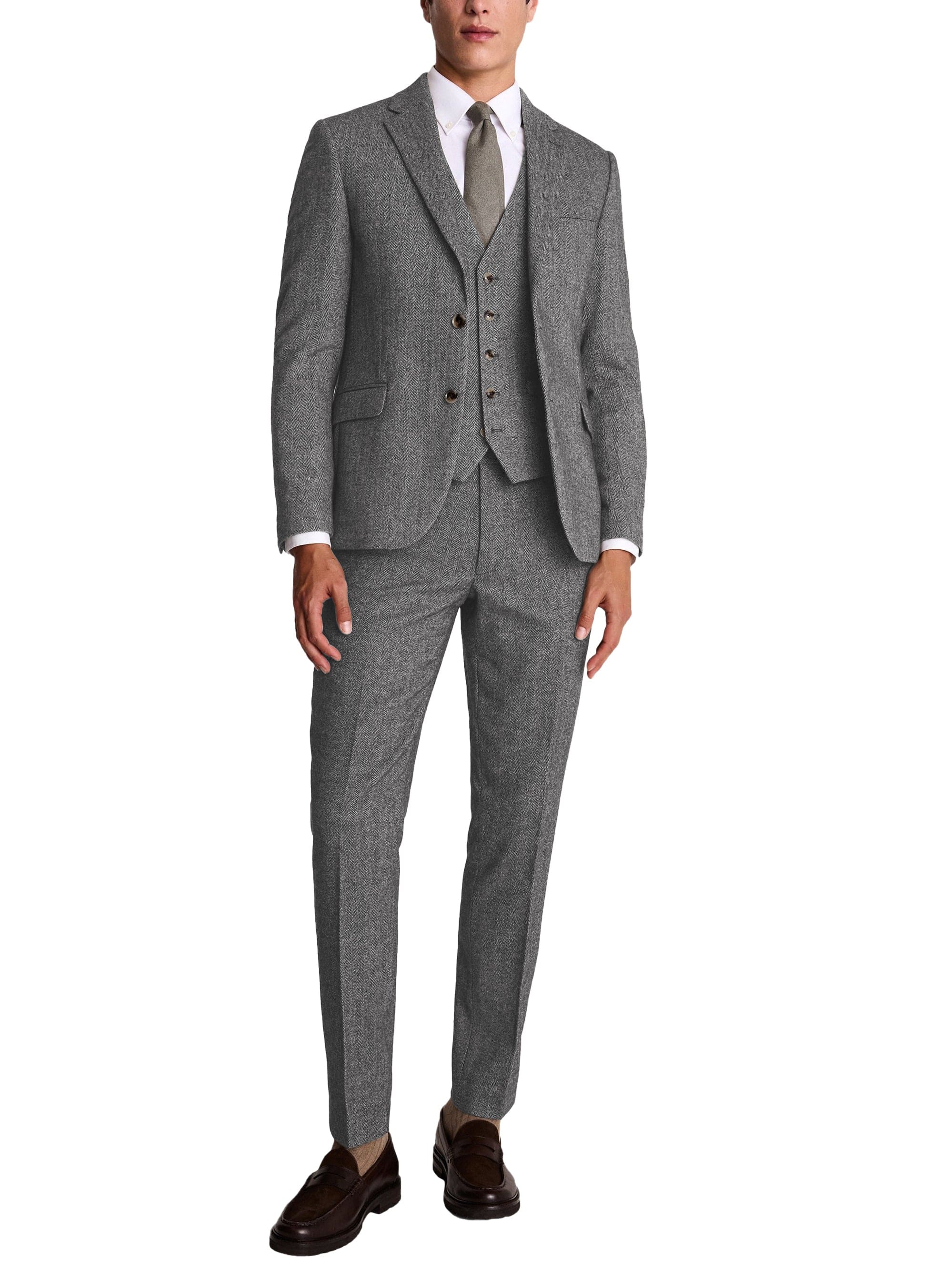 Herringbone Notch Lapel Slim Fit 3 Piece Suit Blazer Vest Trousers