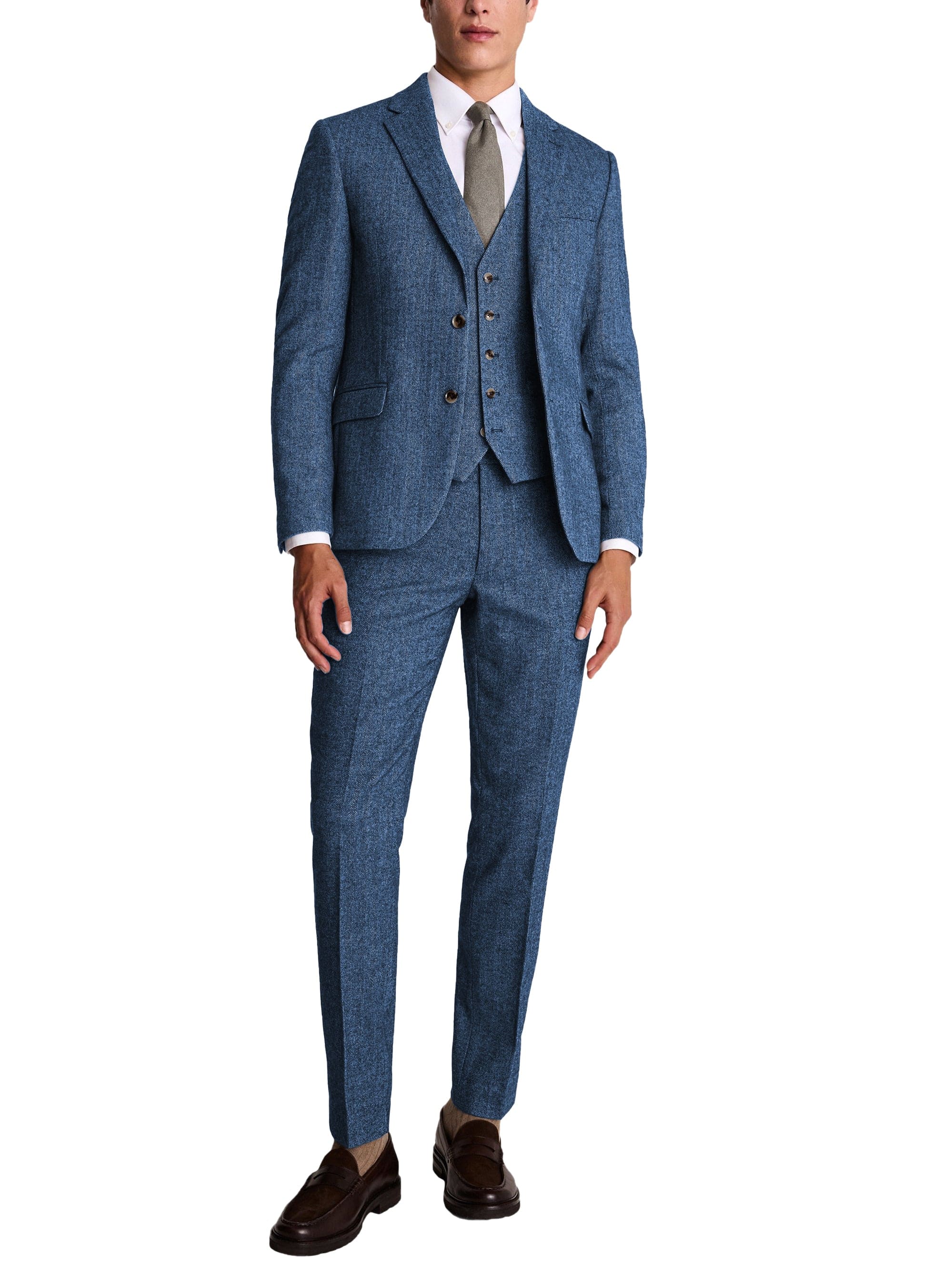 Herringbone Notch Lapel Slim Fit 3 Piece Suit Blazer Vest Trousers