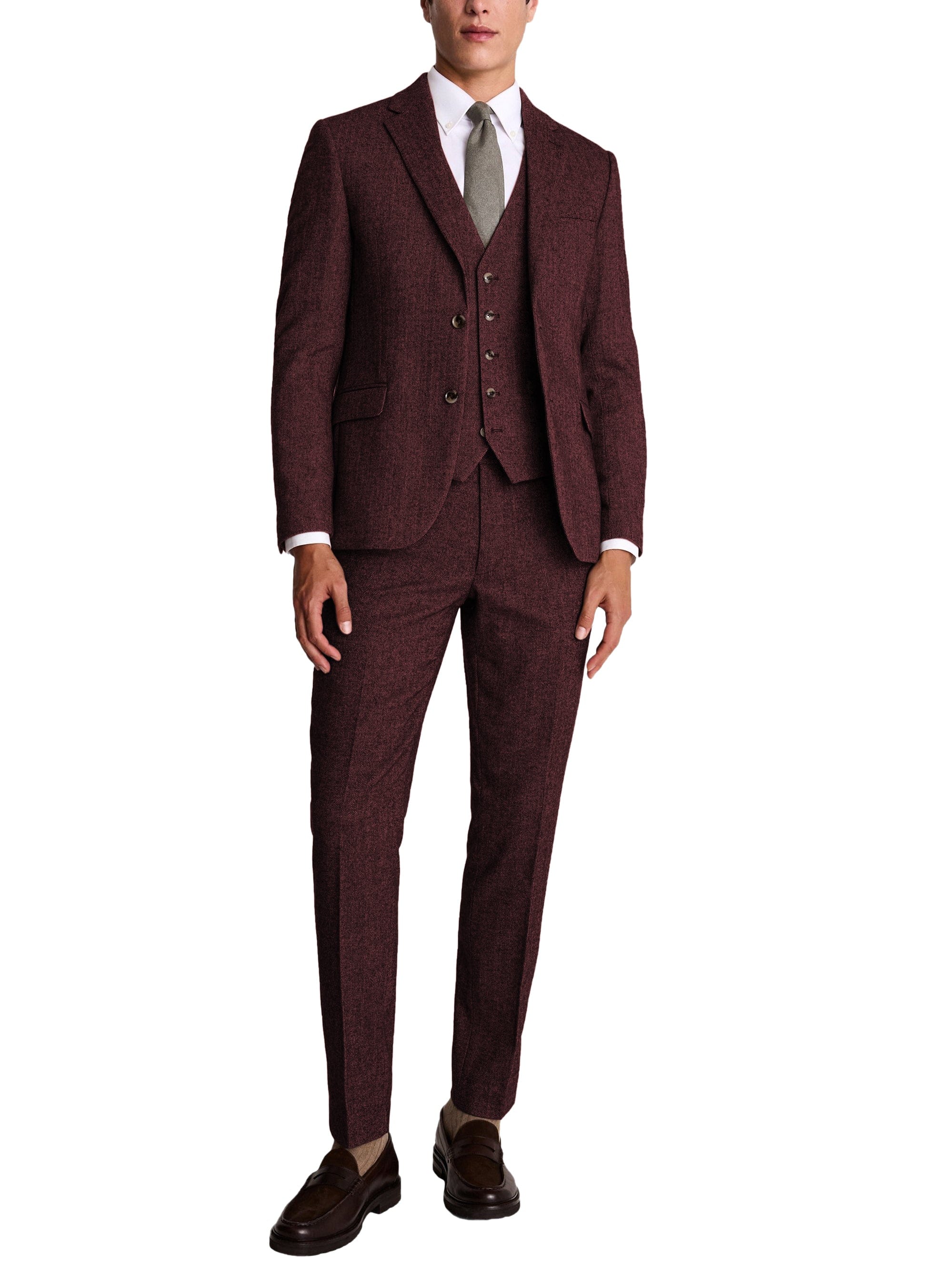 Herringbone Notch Lapel Slim Fit 3 Piece Suit Blazer Vest Trousers