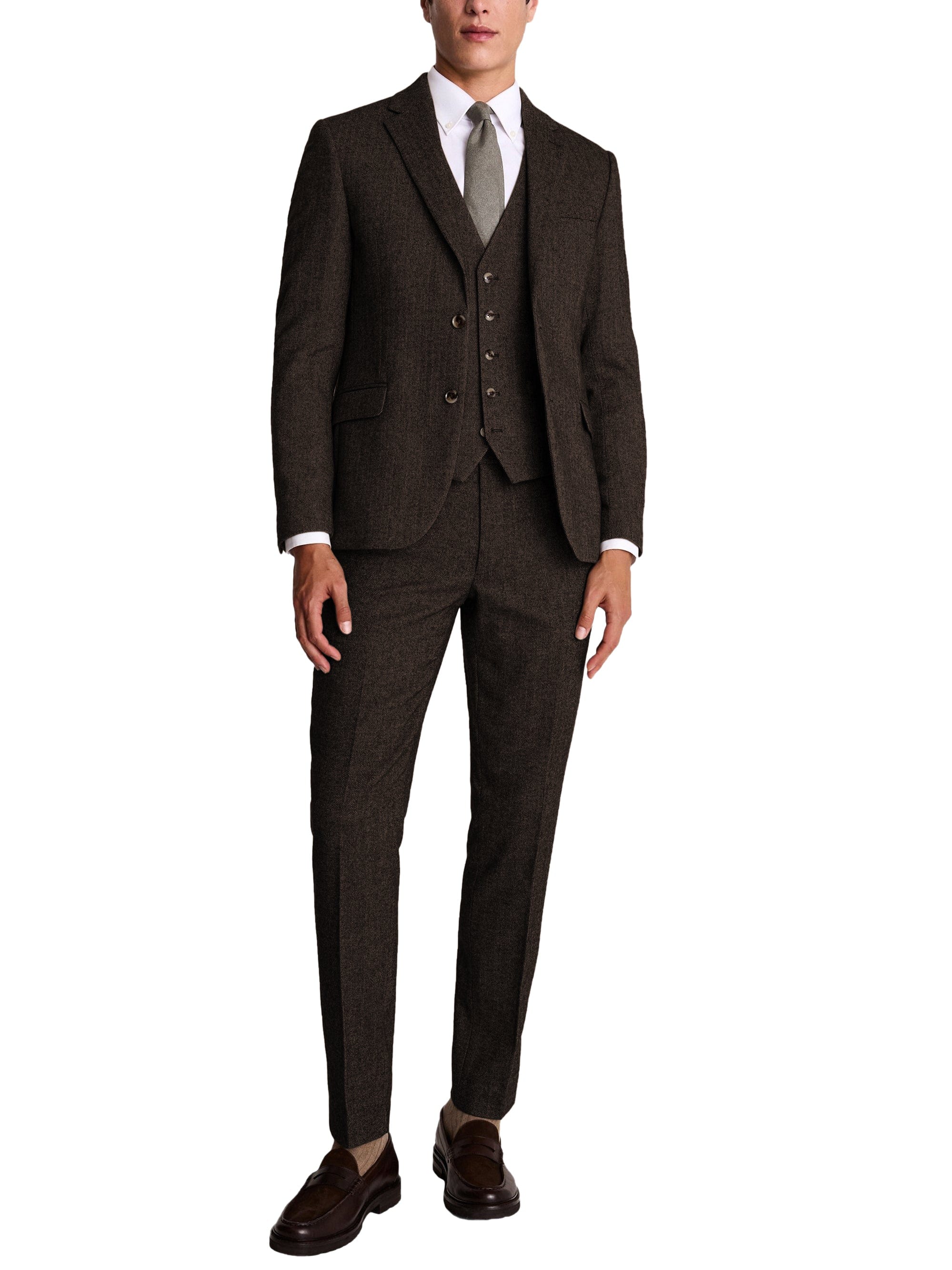 Herringbone Notch Lapel Slim Fit 3 Piece Suit Blazer Vest Trousers