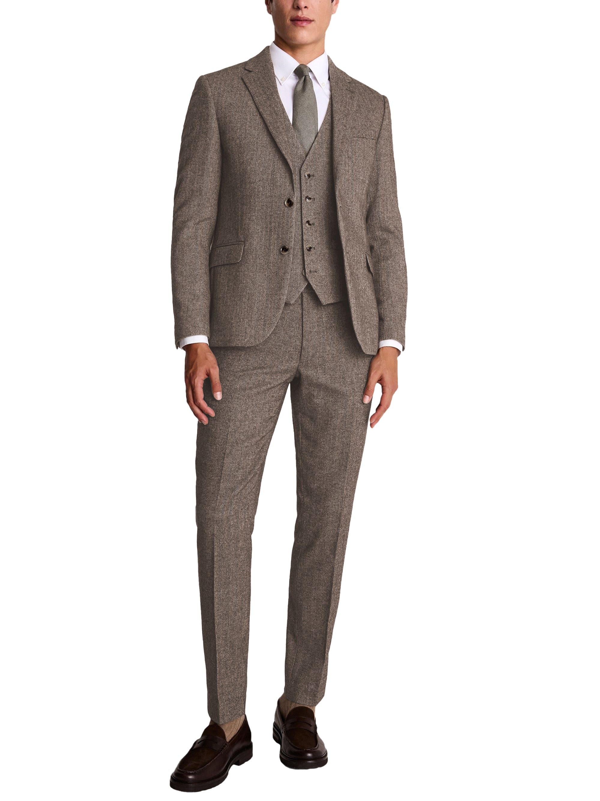 Herringbone Notch Lapel Slim Fit 3 Piece Suit Blazer Vest Trousers