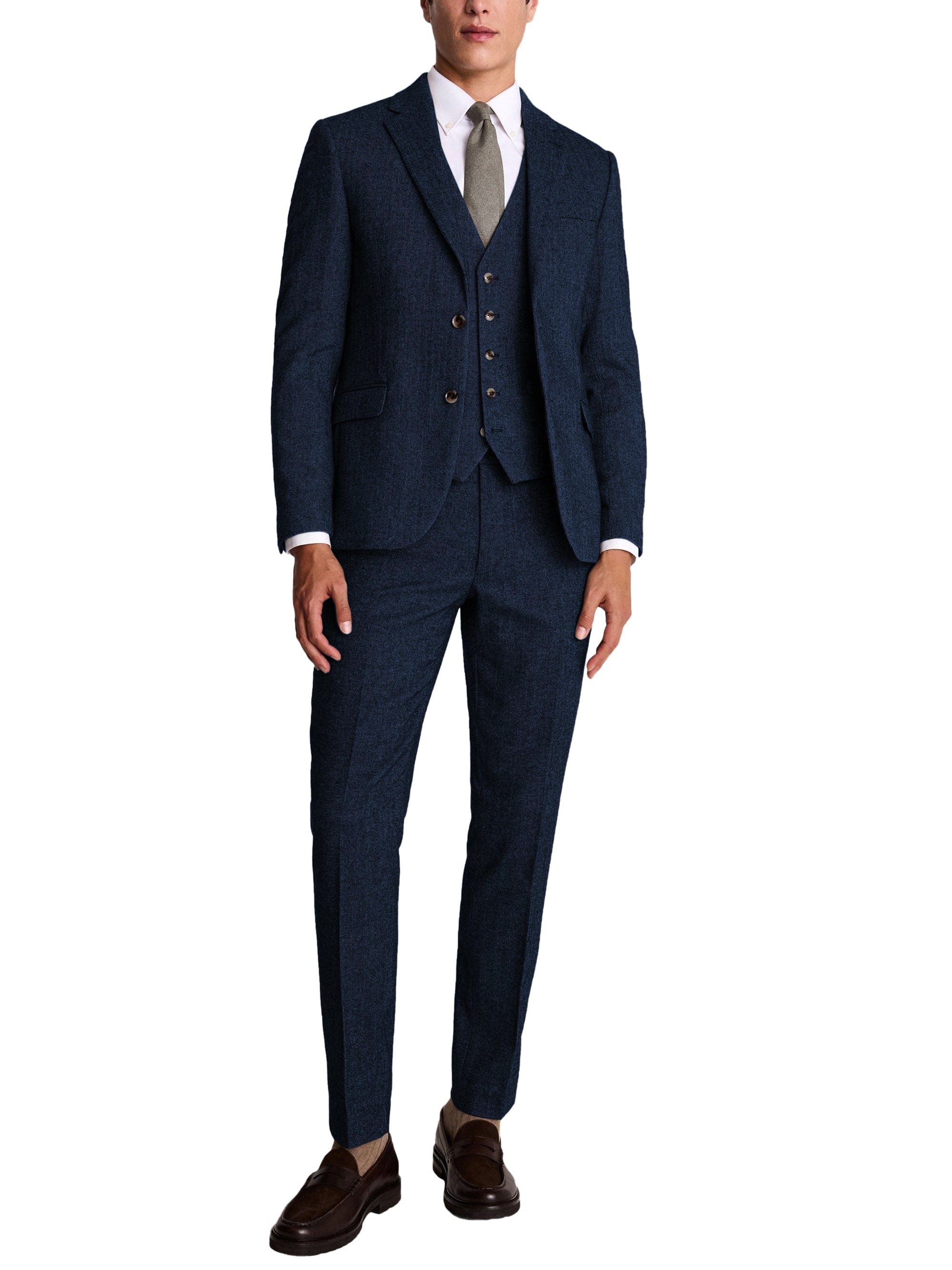 Herringbone Notch Lapel Slim Fit 3 Piece Suit Blazer Vest Trousers