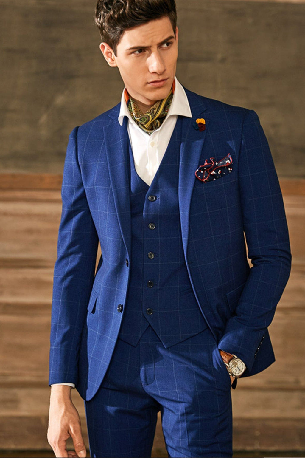 Plaid Single Breasted Slim Fit Wedding Business 3 Piece Suit Blazer Vest Trousers