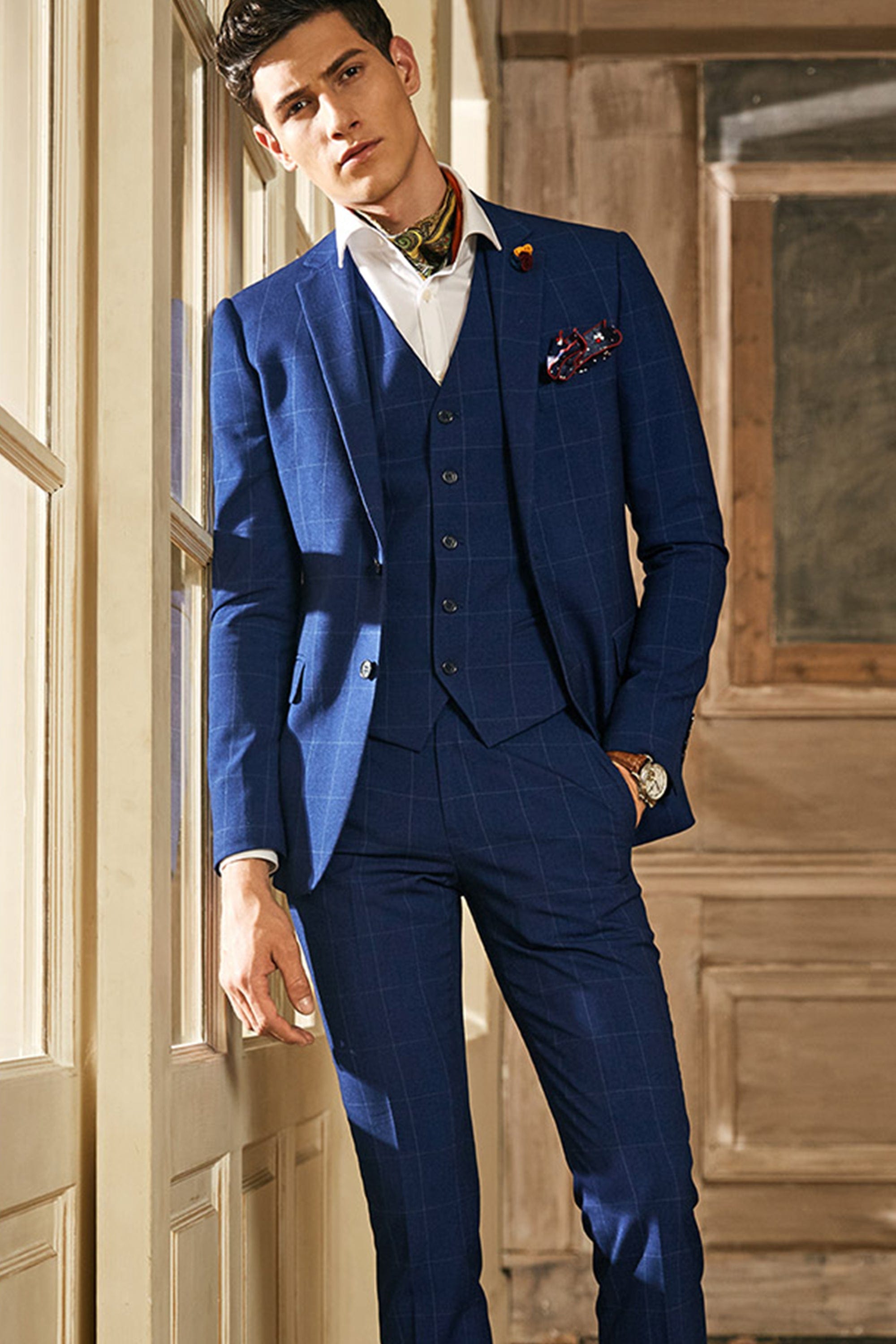 Plaid Single Breasted Slim Fit Wedding Business 3 Piece Suit Blazer Vest Trousers