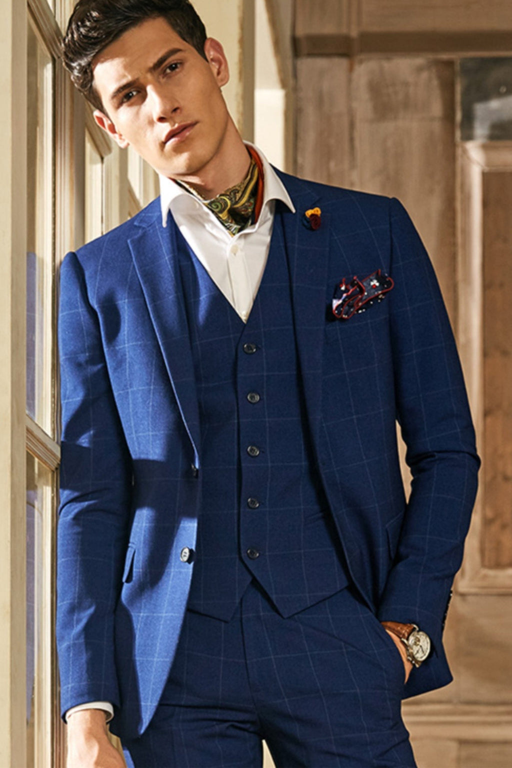 Plaid Single Breasted Slim Fit Wedding Business 3 Piece Suit Blazer Vest Trousers