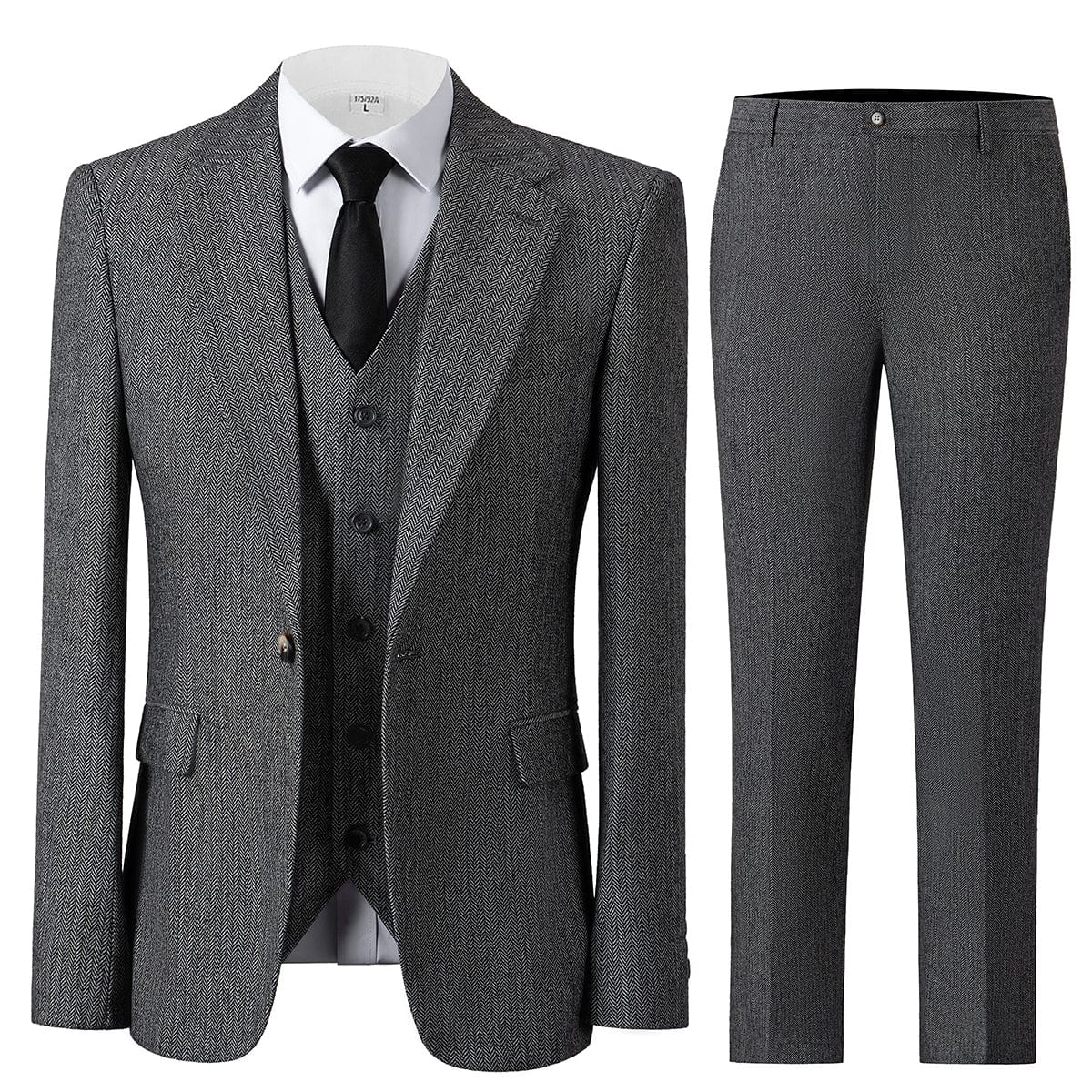 Herringbone Peak Lapel Business 3 Piece Suit Blazer Vest Trousers