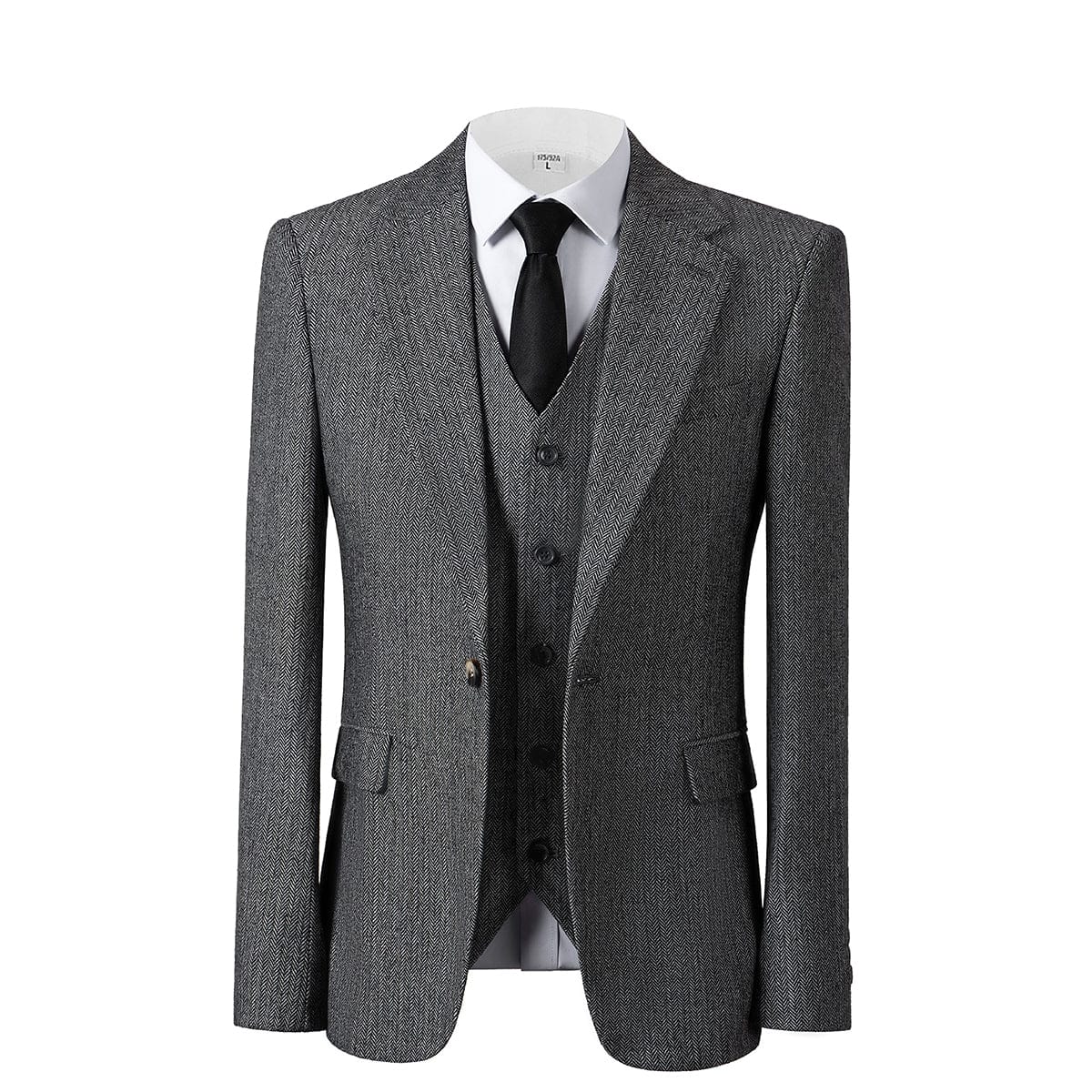 Herringbone Peak Lapel Business 3 Piece Suit Blazer Vest Trousers