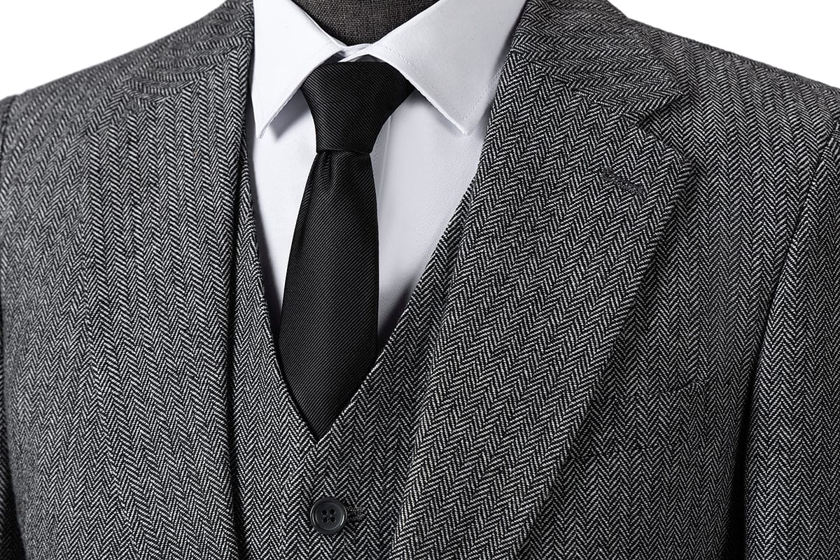 Herringbone Peak Lapel Business 3 Piece Suit Blazer Vest Trousers