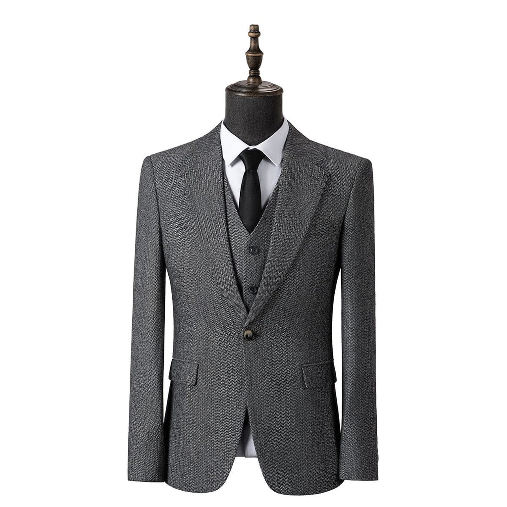 Herringbone Peak Lapel Business 3 Piece Suit Blazer Vest Trousers