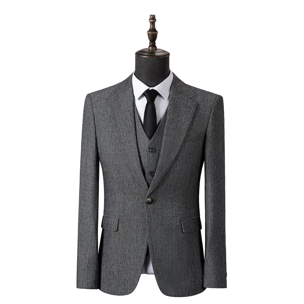 Herringbone Peak Lapel Business 3 Piece Suit Blazer Vest Trousers