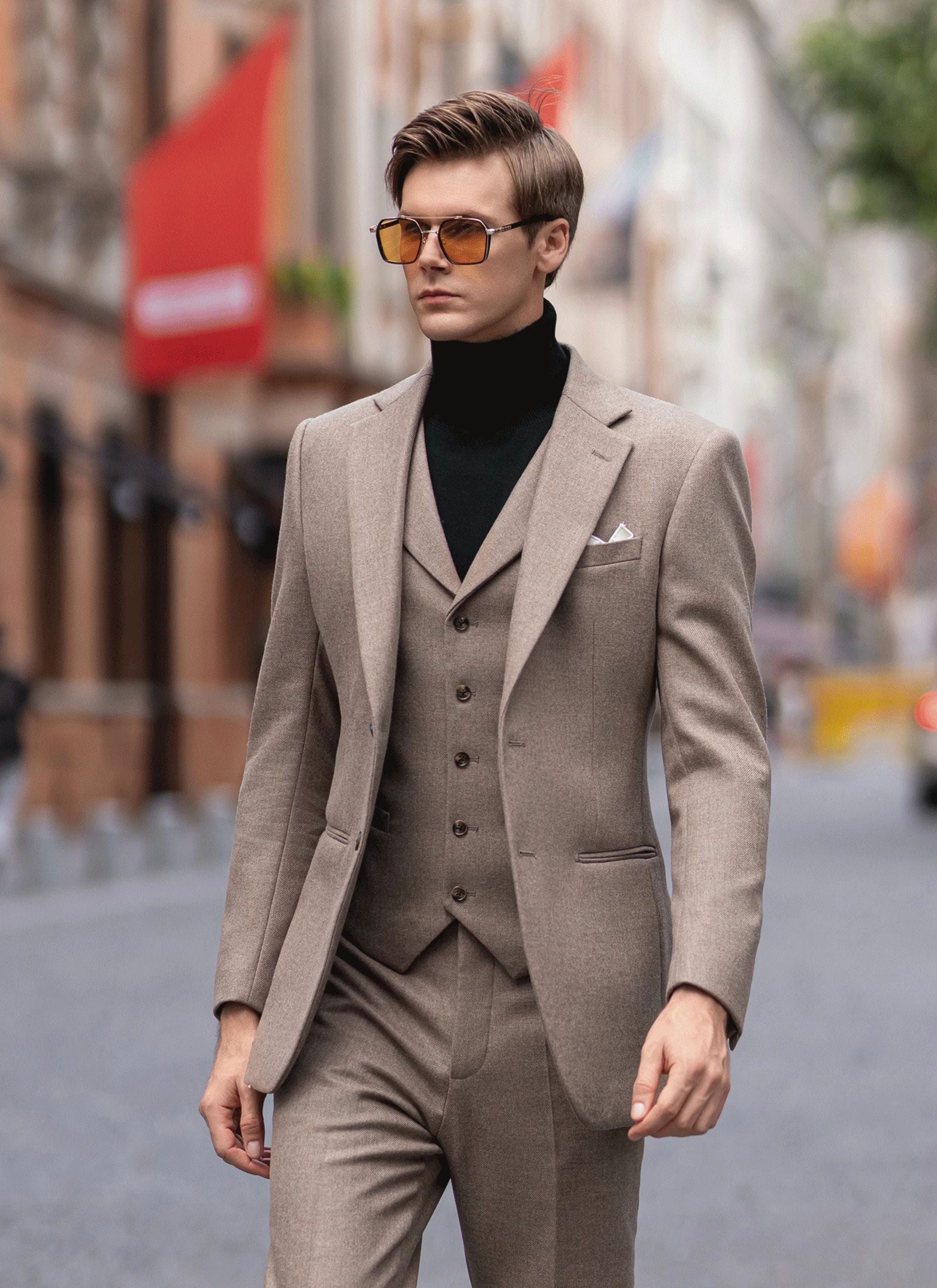 Tweed Slim Fit Wedding Business 3 Piece Suit Blazer Vest Trousers