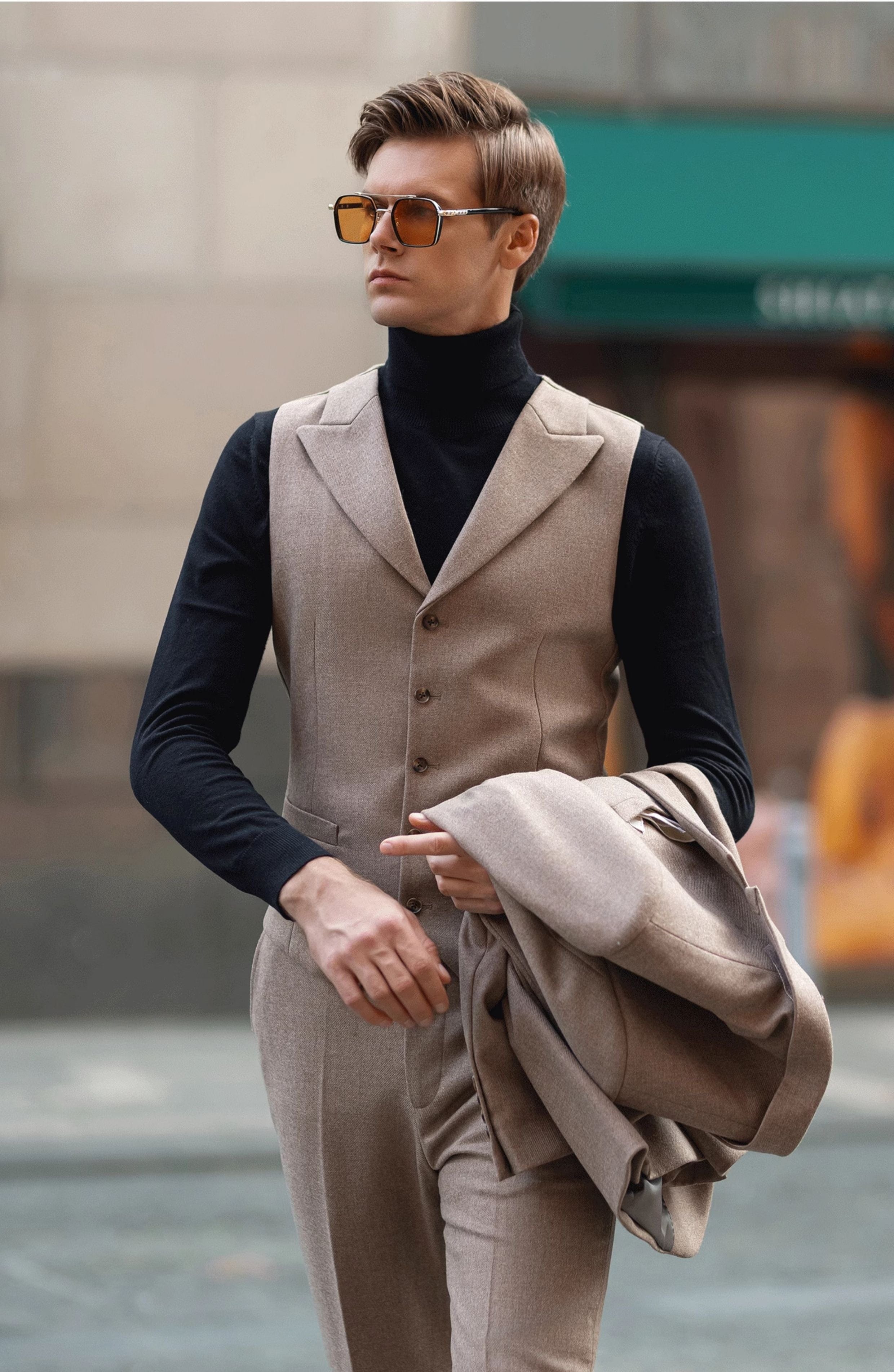 Tweed Slim Fit Wedding Business 3 Piece Suit Blazer Vest Trousers