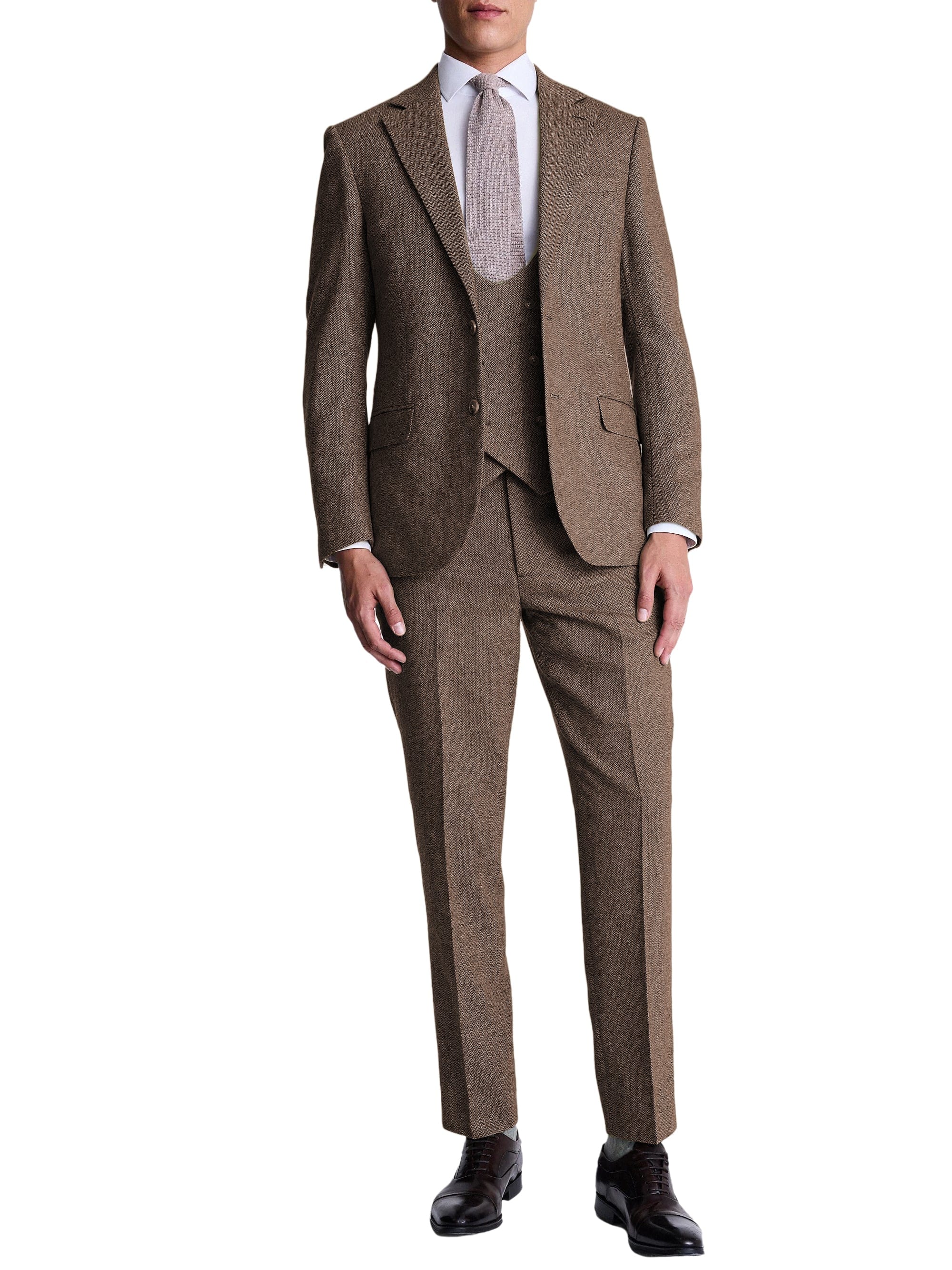 Herringbone Peak Lapel 3 Piece Suit Blazer Vest Trousers