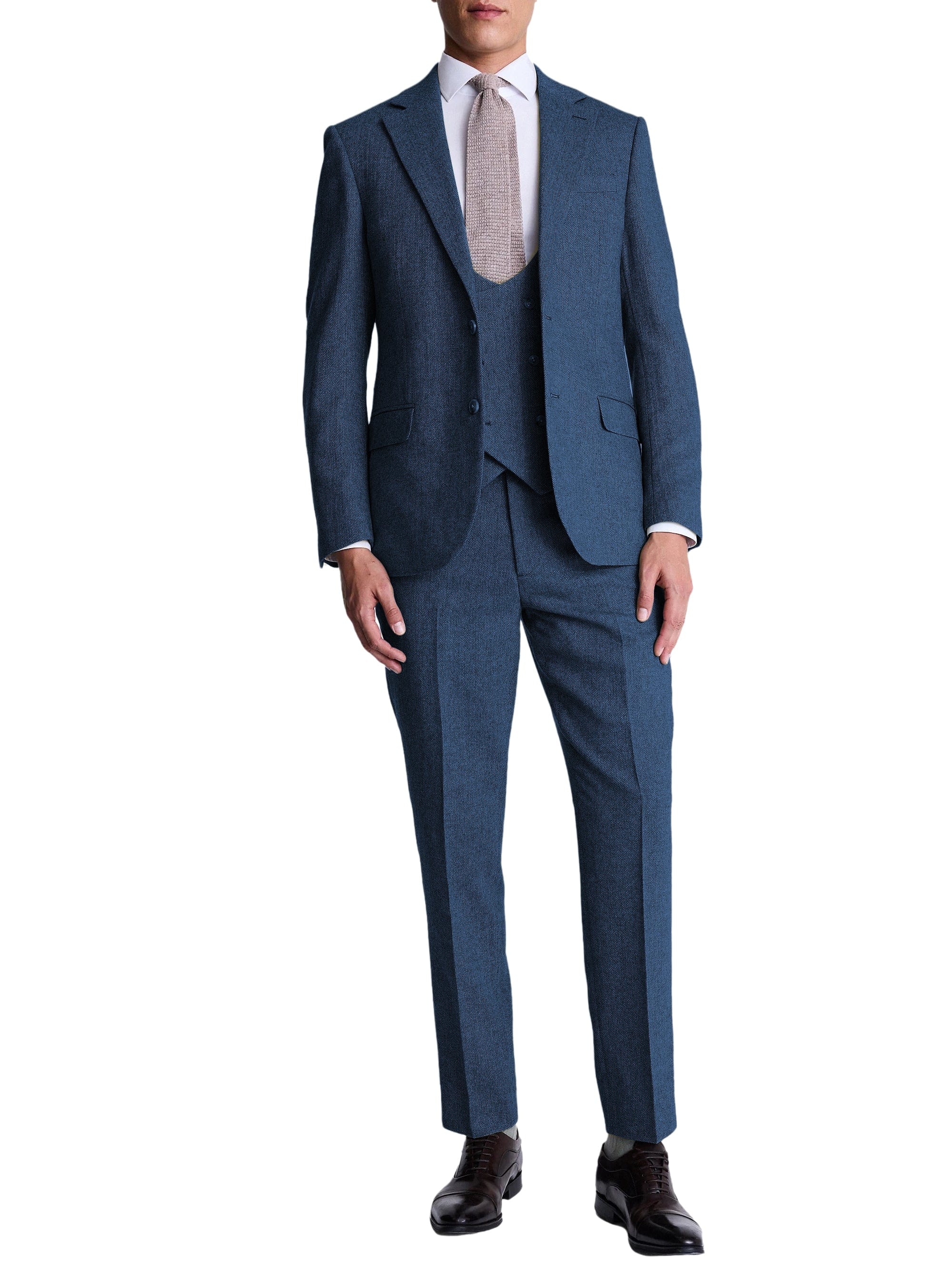 Herringbone Peak Lapel 3 Piece Suit Blazer Vest Trousers