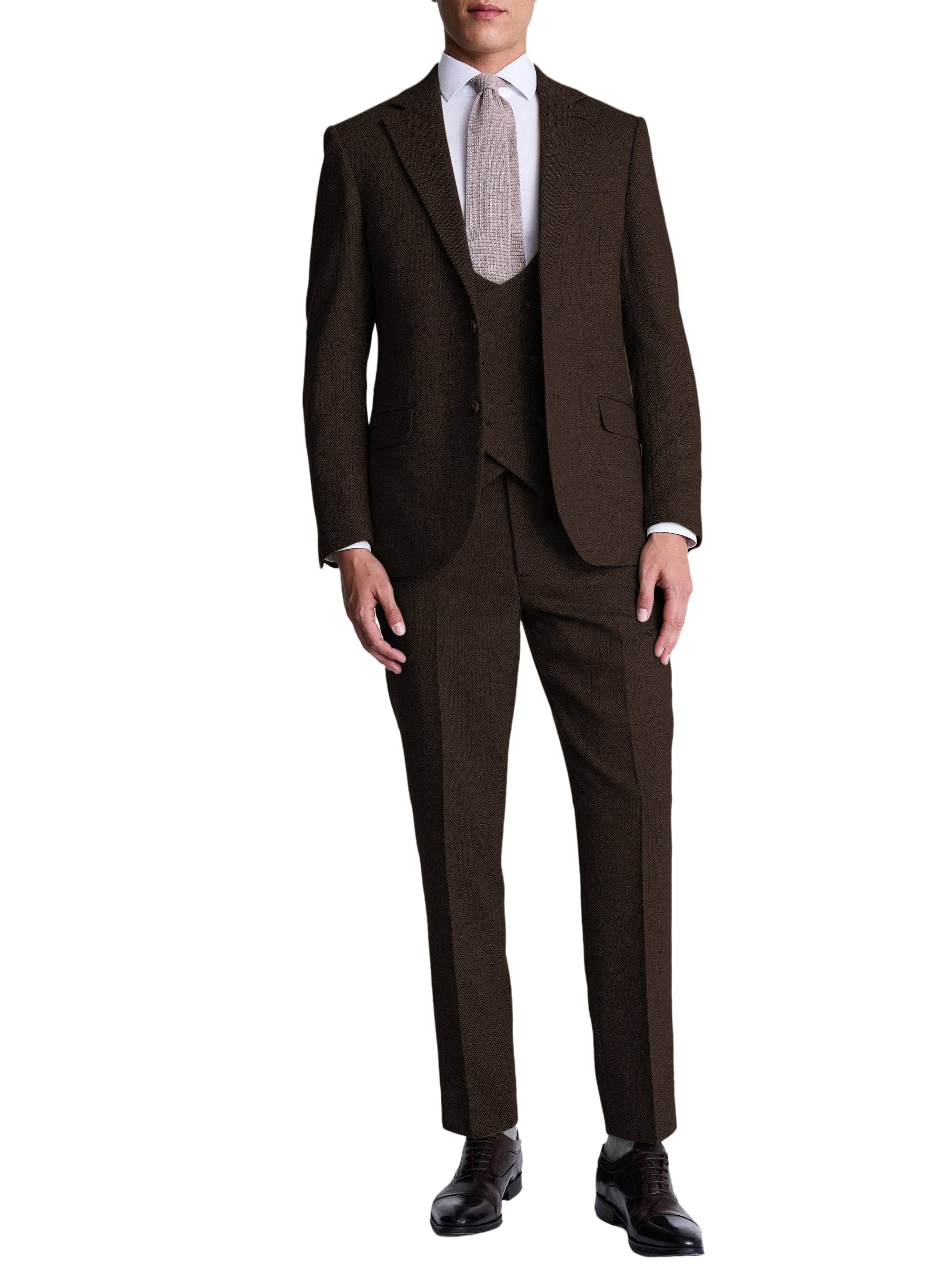 Herringbone Peak Lapel 3 Piece Suit Blazer Vest Trousers