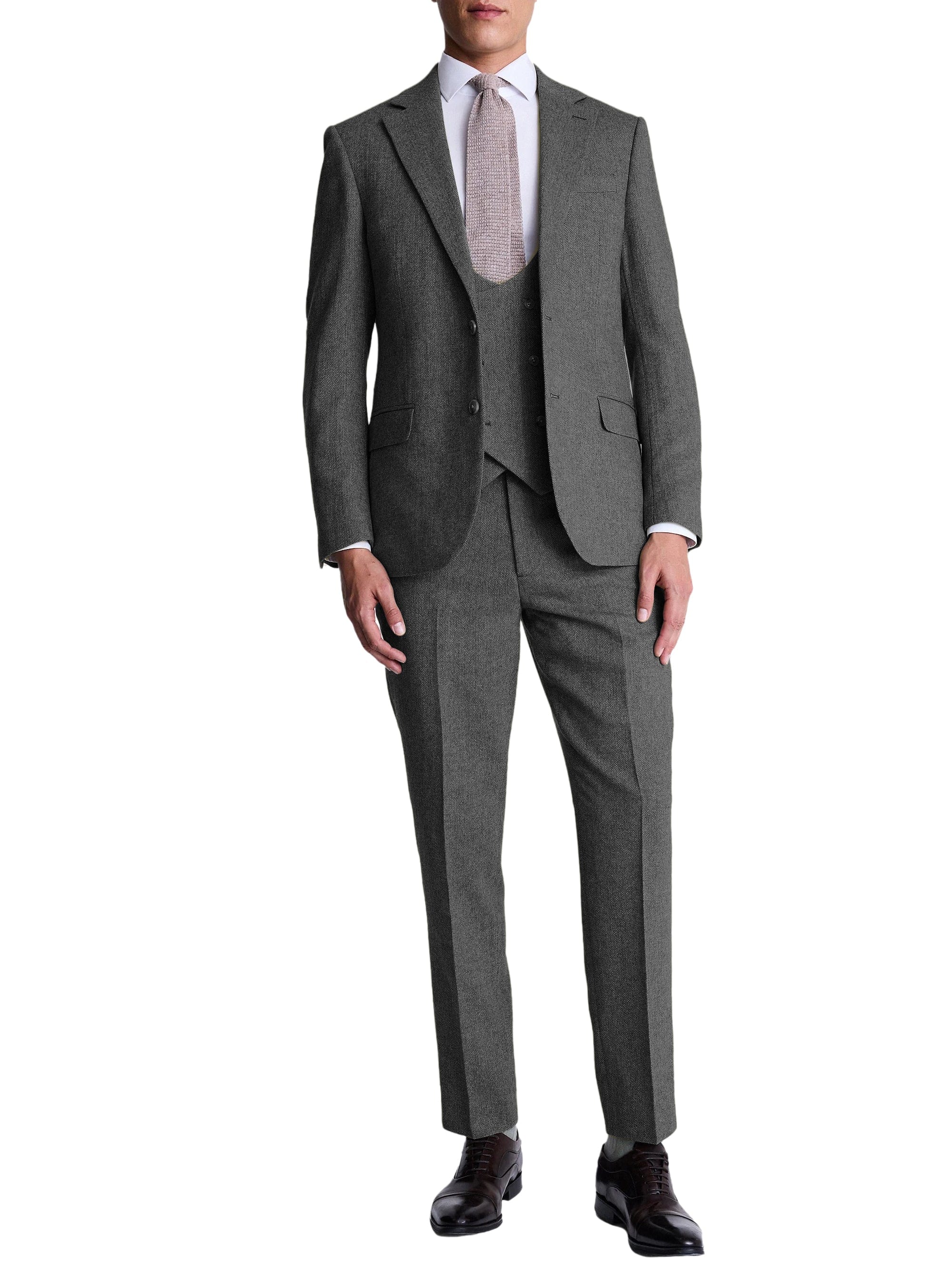 Herringbone Peak Lapel 3 Piece Suit Blazer Vest Trousers