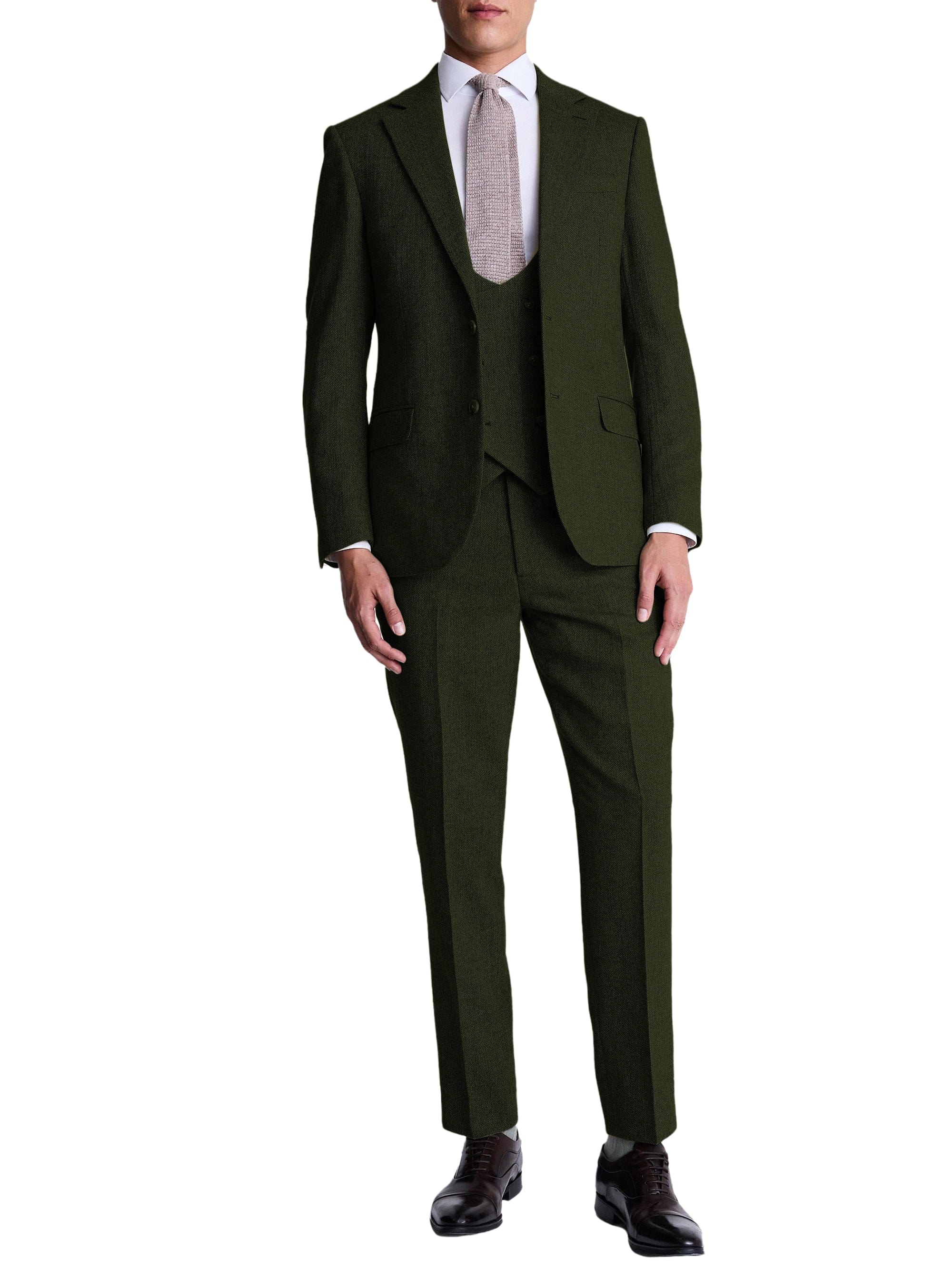 Herringbone Peak Lapel 3 Piece Suit Blazer Vest Trousers