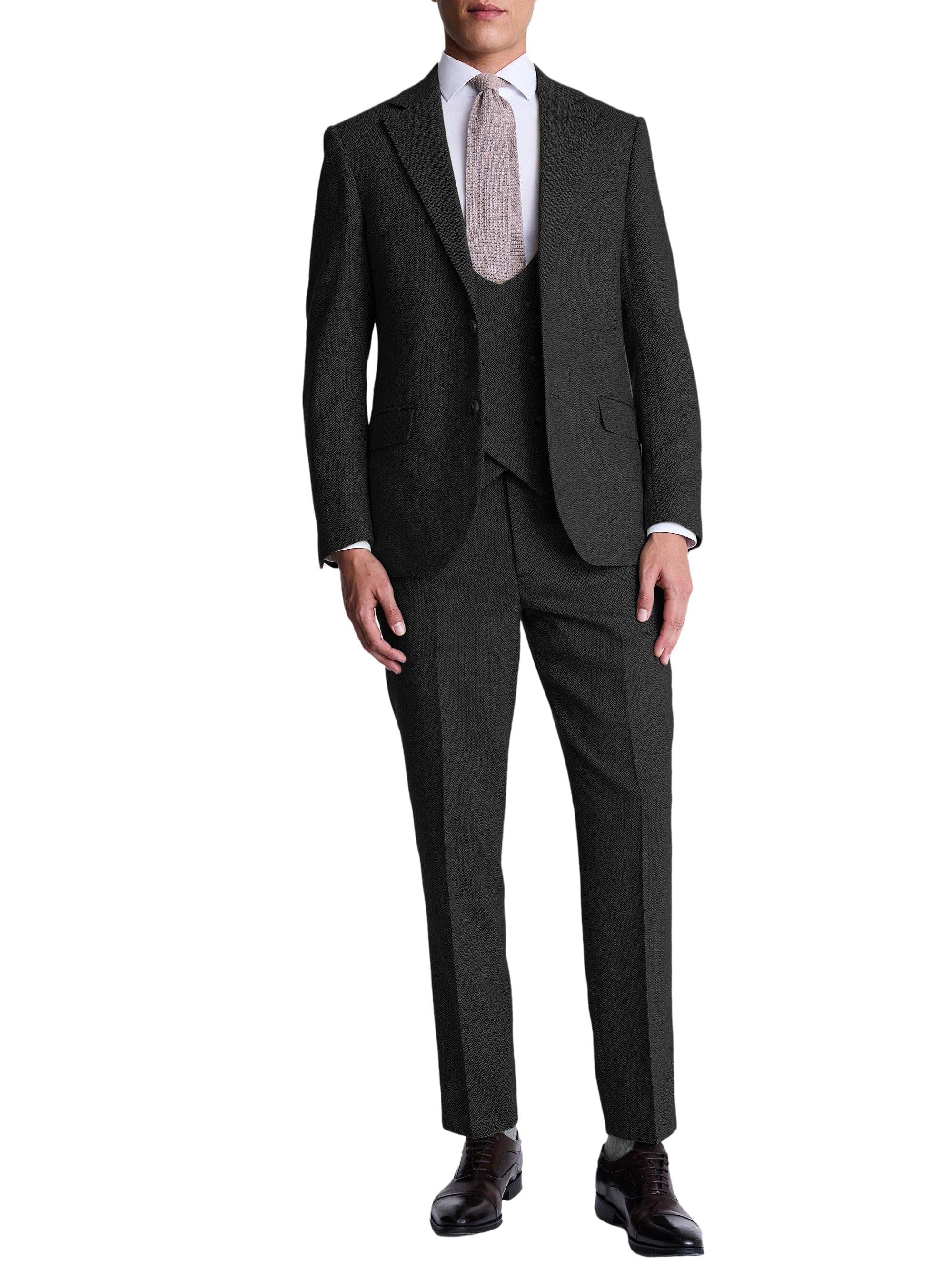 Herringbone Peak Lapel 3 Piece Suit Blazer Vest Trousers