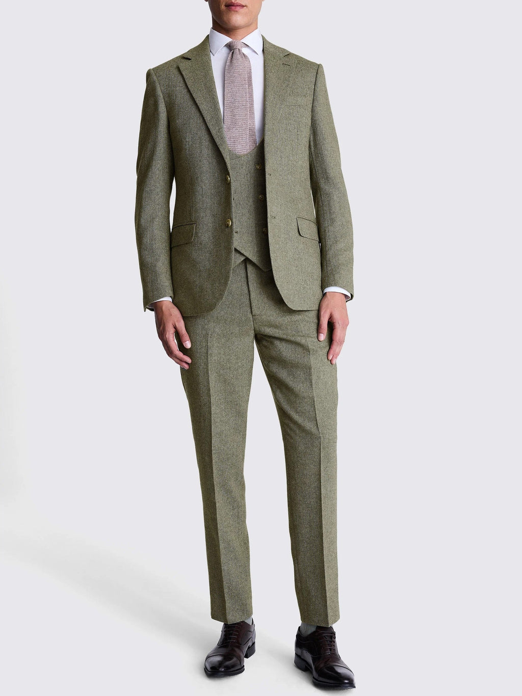 Herringbone Peak Lapel 3 Piece Suit Blazer Vest Trousers