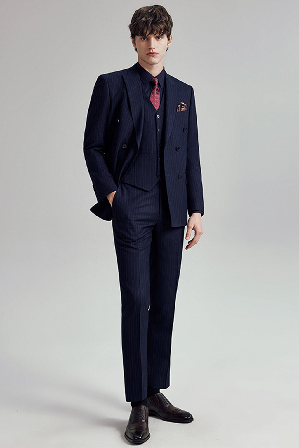 Striped Double Breasted Slim Fit Wedding Business 3 Piece Suit Blazer Vest Trousers
