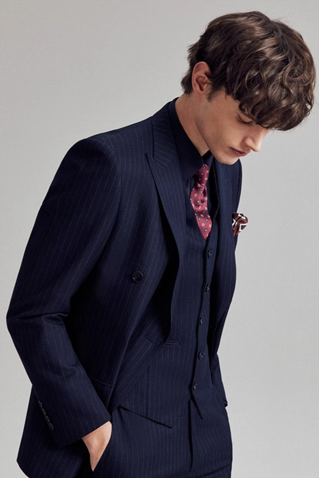 Striped Double Breasted Slim Fit Wedding Business 3 Piece Suit Blazer Vest Trousers