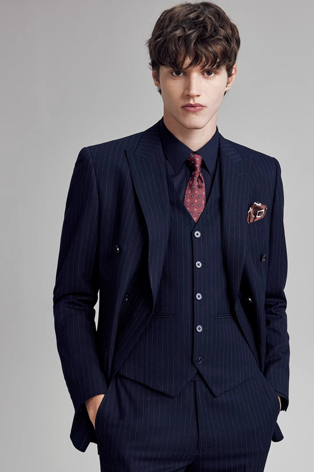 Striped Double Breasted Slim Fit Wedding Business 3 Piece Suit Blazer Vest Trousers