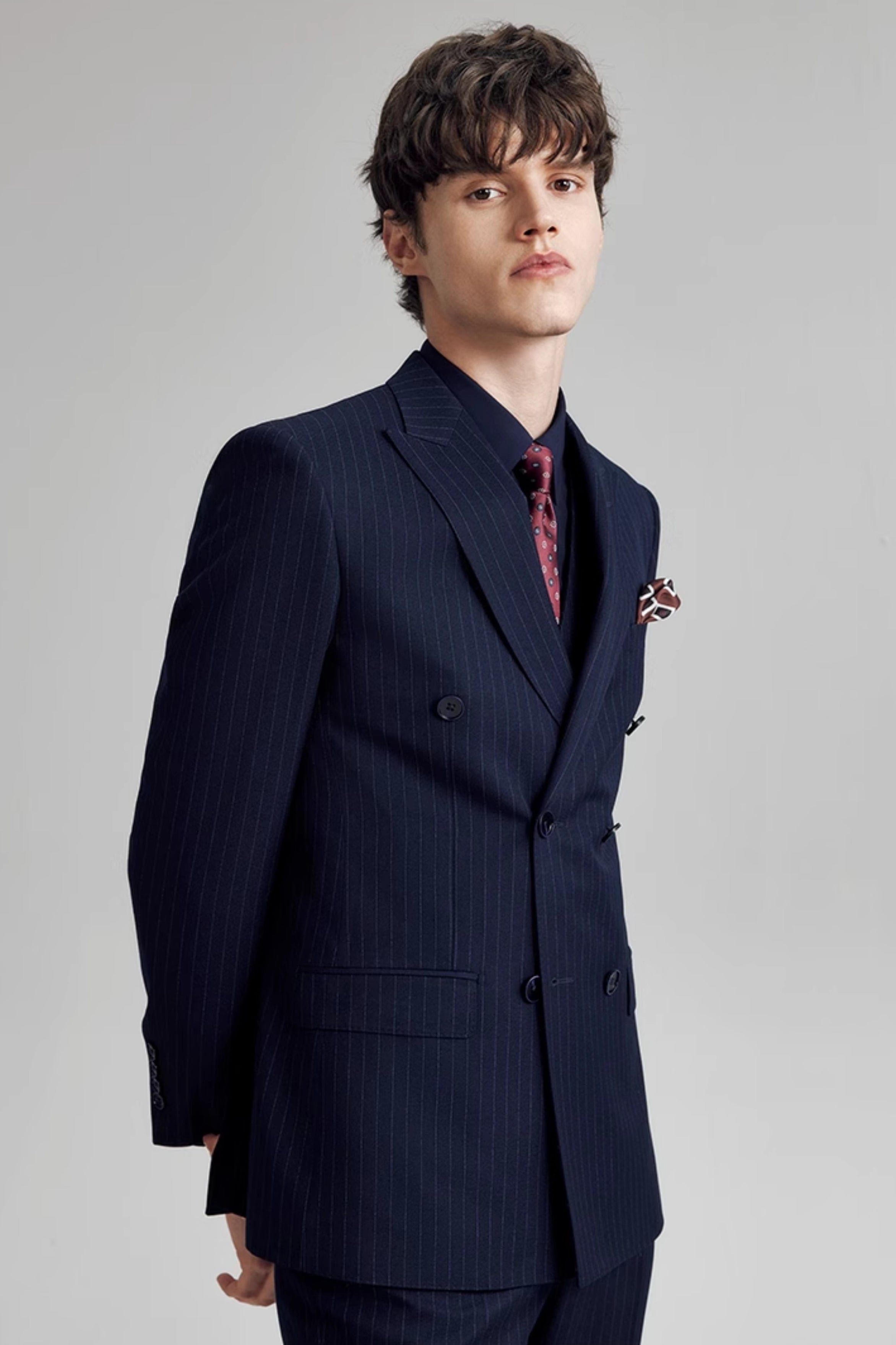 Striped Double Breasted Slim Fit Wedding Business 3 Piece Suit Blazer Vest Trousers