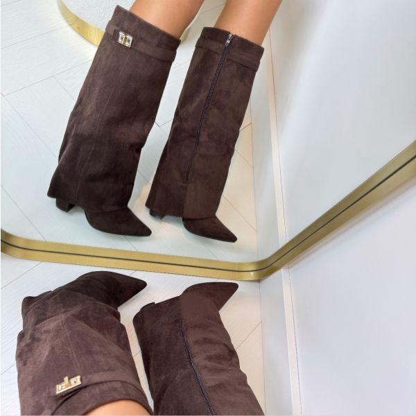 Block Heel Boots Buckle Detail Suede Leather Look Elegant