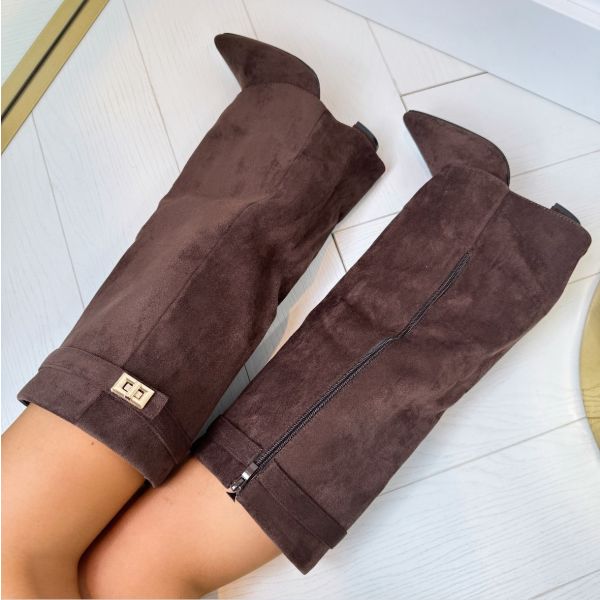Block Heel Boots Buckle Detail Suede Leather Look Elegant