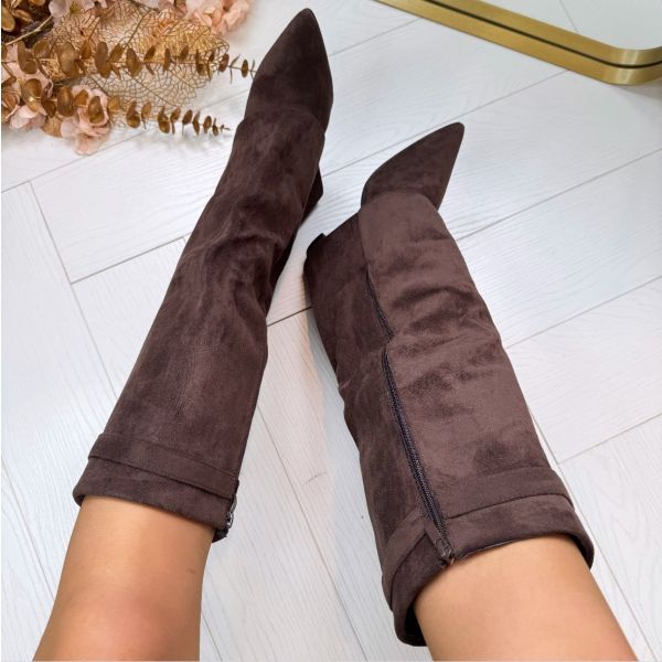 Block Heel Boots Buckle Detail Suede Leather Look Elegant