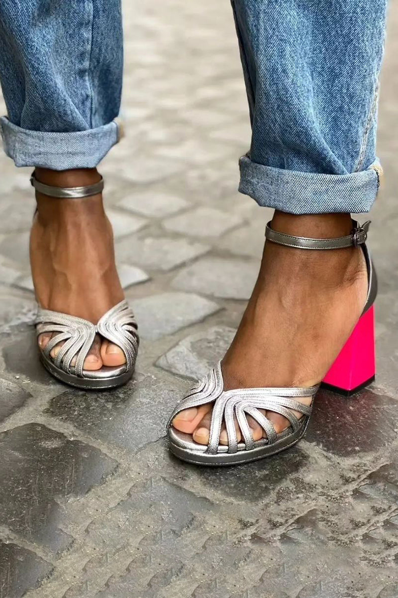 Comfort Block Heel Sandals Silver