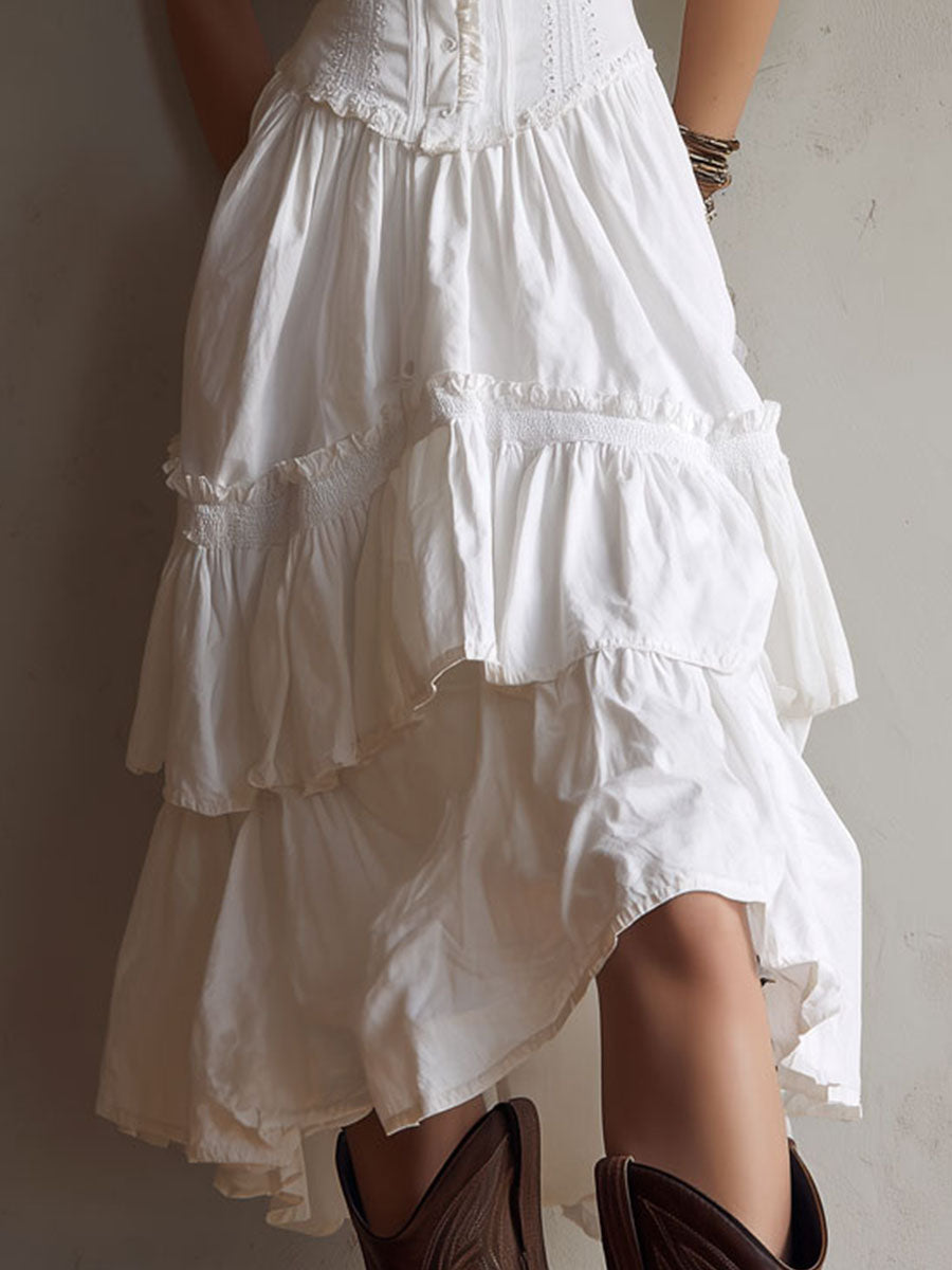 Olivia Newyork Marisol corset tiered lace-trim midi dress for women, featuring a flowing silhouette and intricate lace details.