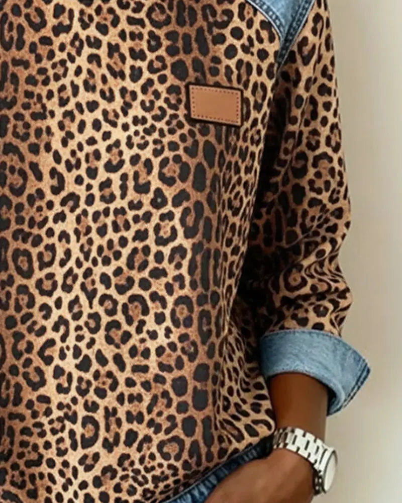Women's Jumper Patchwork Leopard Print Denim Look Knit