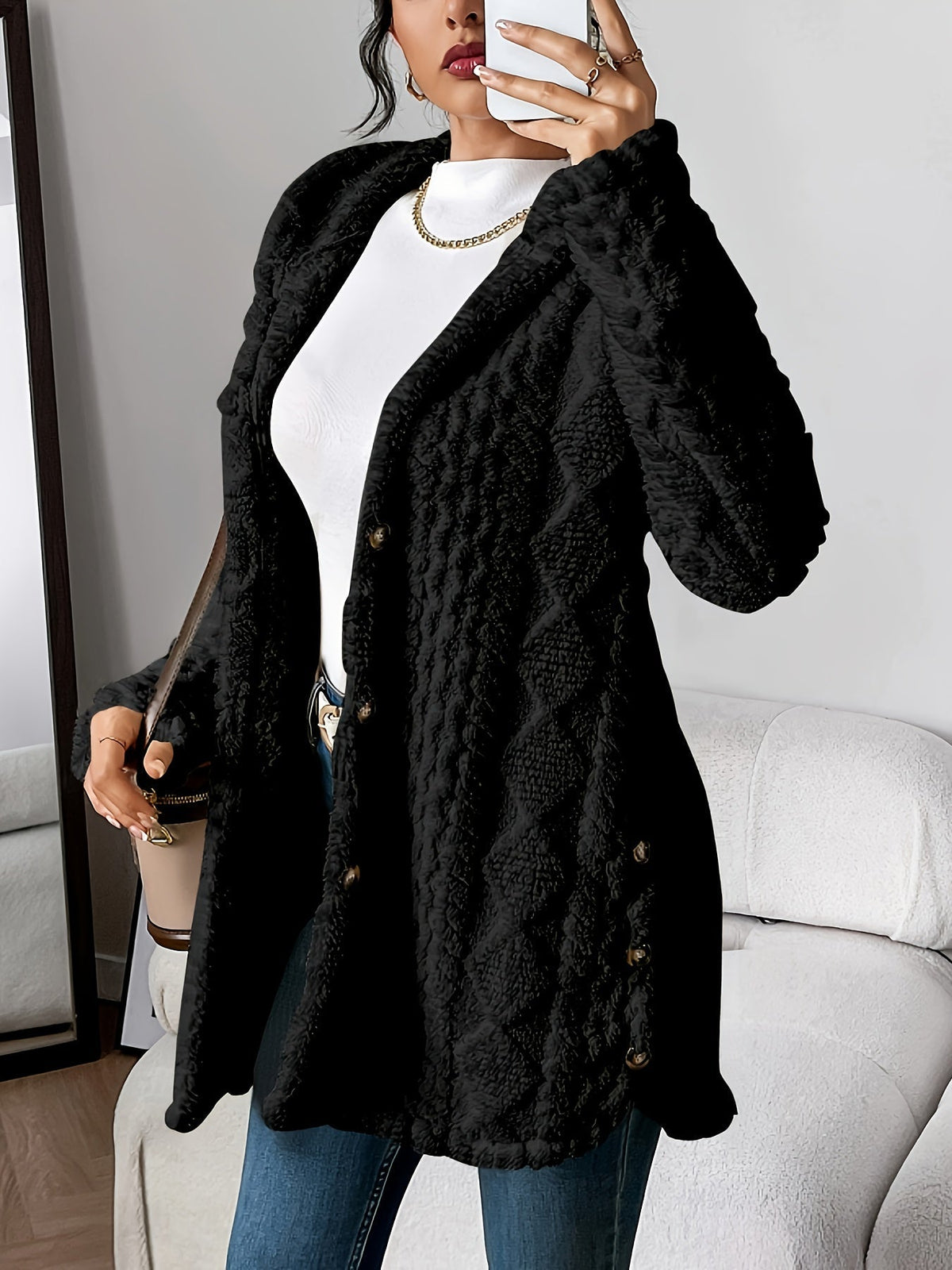 Plush Hooded Cardigan Fleece Open Front Long Sleeve Winter