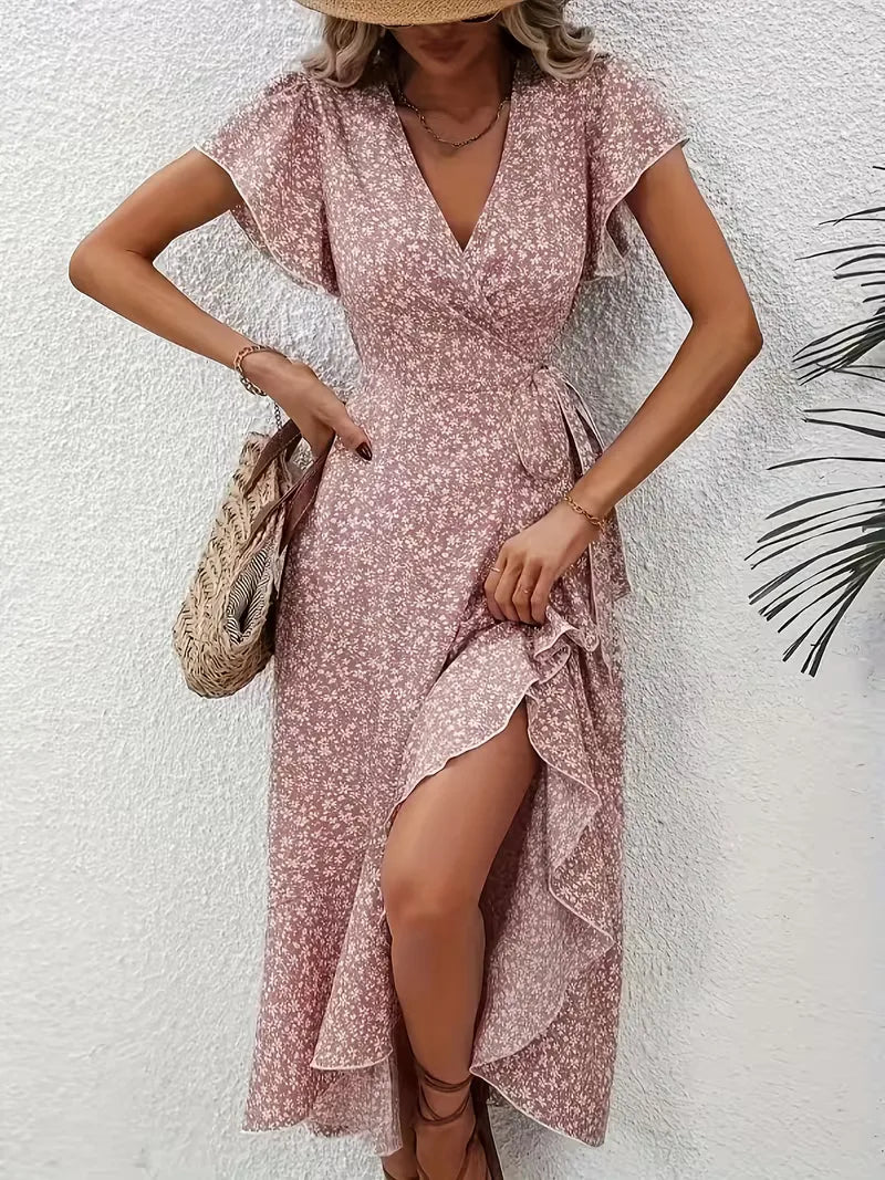 Floral Wrap Dress V Neck Short Sleeve Asymmetric