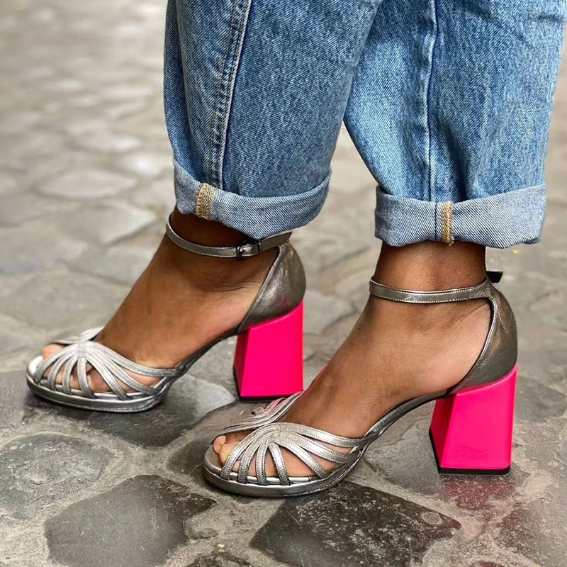 Comfort Block Heel Sandals Silver