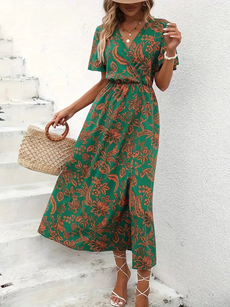 Floral Wrap Dress Midi V Neck Short Sleeve
