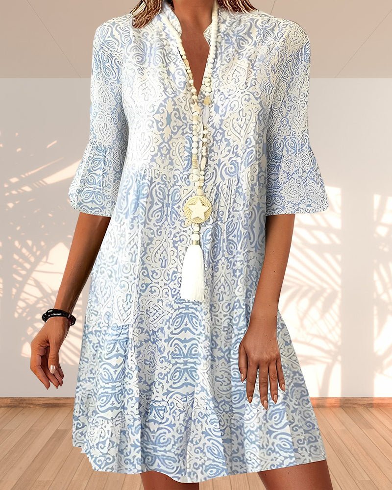 Boho Swing Dress V-Neck 3/4 Sleeve Paisley Print