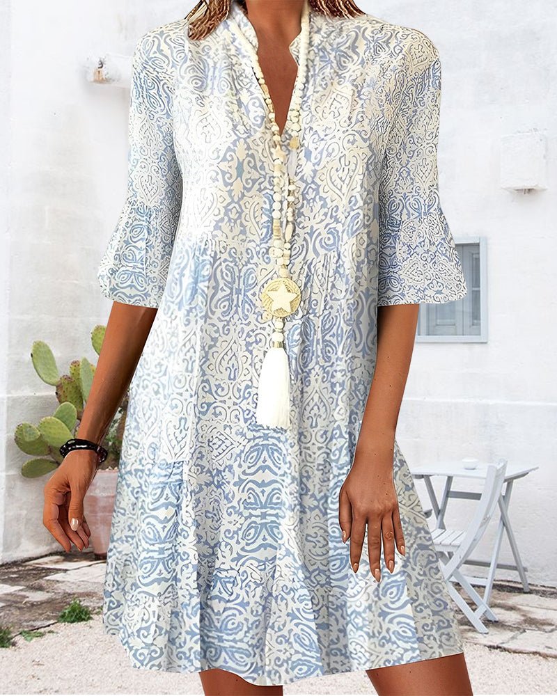 Boho Swing Dress V-Neck 3/4 Sleeve Paisley Print