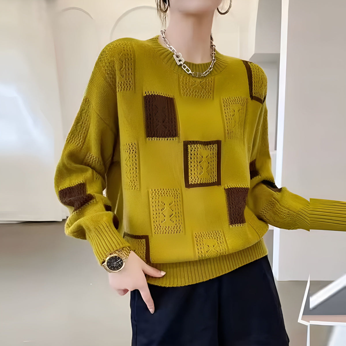 Square Pattern Jumper Textured Knit Round Neck Long Sleeve
